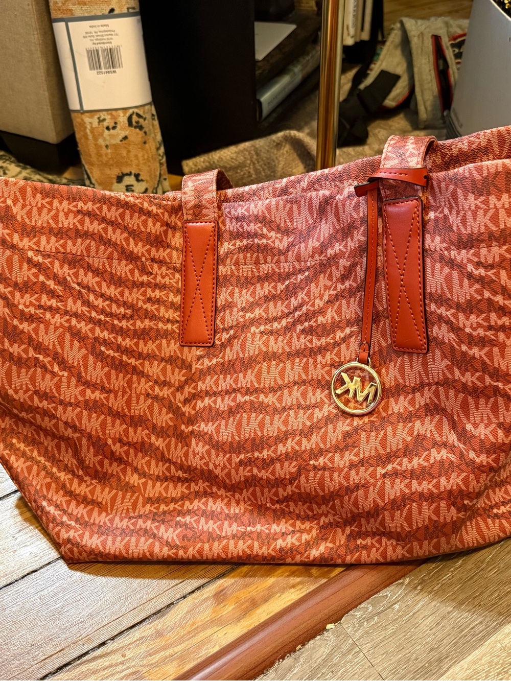 Michael Kors Coral-Red MK Logo Tote with Gold Accent